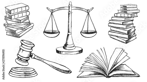 Law symbols set. Scales vector hand drawn.