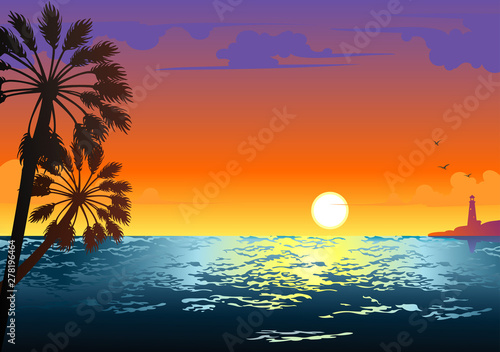 Sunset Sea Horizontal, Vector Illustration