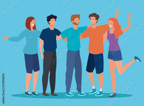 happy girls and boys friends with hairstyle