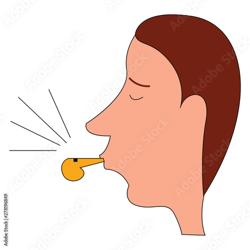 Man blowing whistle, illustration, vector on white background.