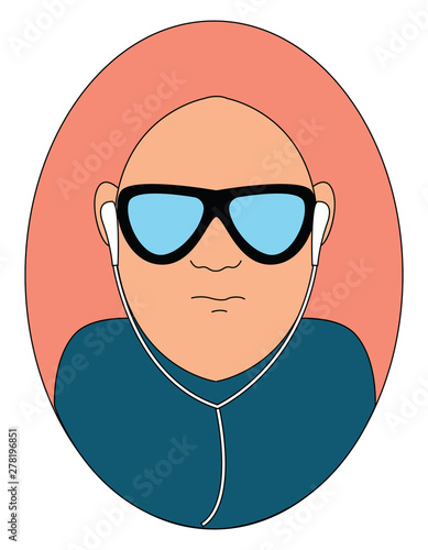 Bold man with headphones, illustration, vector on white background.