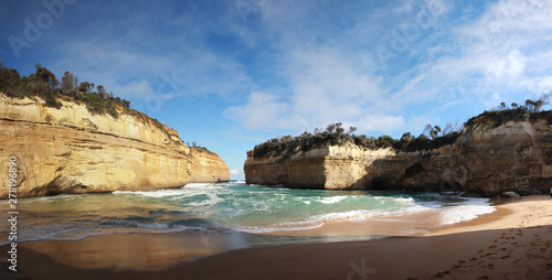 panoramic view of wild winter waves crashing into Loch Ard gorge, famous site of a shipwreck, great ocean road, Southern Victoria, Australia.