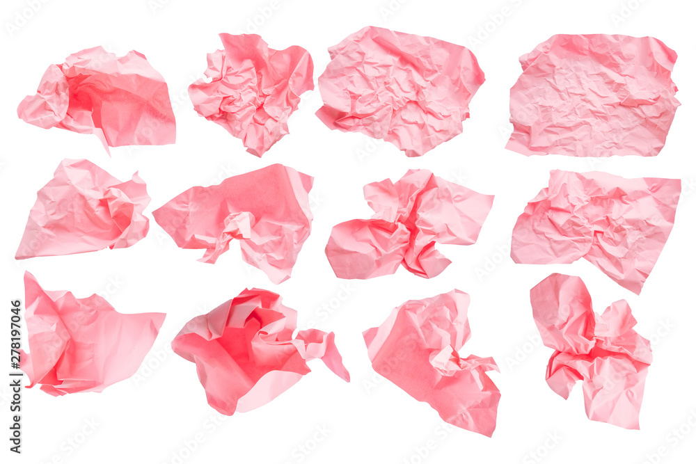 Close-up group of pink crumpled paper isolated on a white background Close-up group of pink crumpled paper isolated on a white background