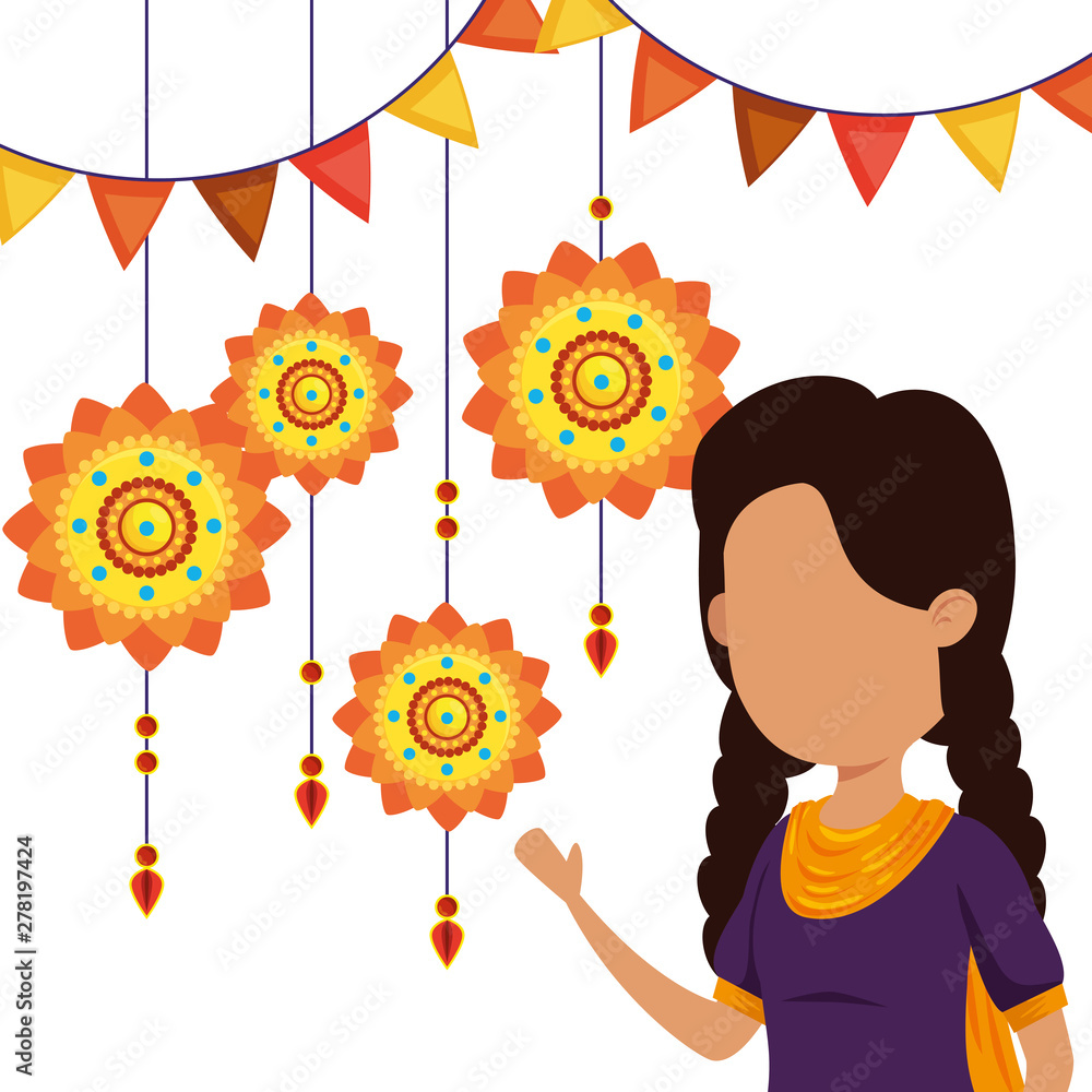 hindu girl with party banner and flowers hanging hindu girl with party banner and flowers hanging