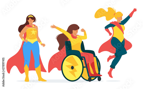 Powerful female heroes with capes flat vector illustration collection