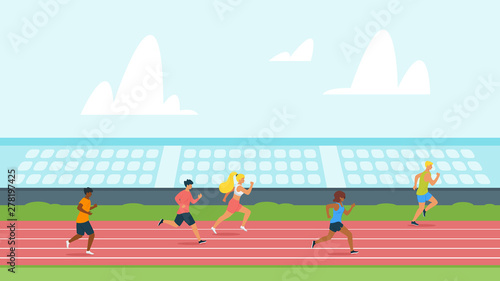Highschool students running track flat vector illustration