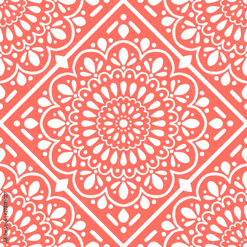 Ornamental Tile Decoration Pattern. Endless Vector Background. Coral Color.