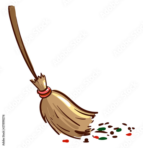 Broom sweeping dirt, illustration, vector on white background.