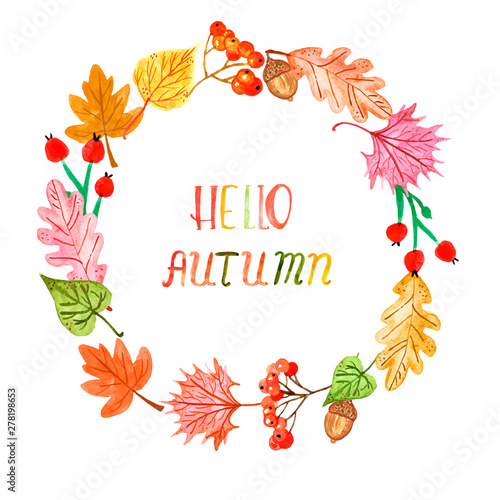 Watercolor autumn holiday wreath. Hand painted fall leaves and red berries with willow tree branches. Colorful red, orange and yellow foliage on white background. Isolated frame for thanksgiving cards