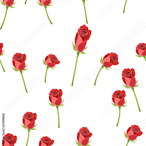 Red rose buttons on the stem vector seamless pattern on a white background.