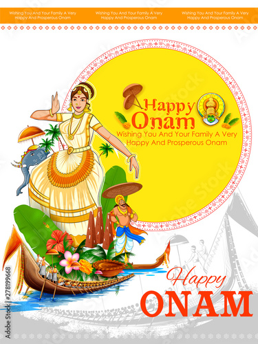 illustration of colorful Kathakali dancer on background for Happy Onam festival of South India Kerala