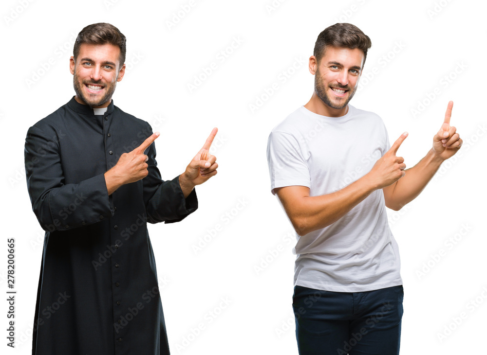 Collage of handsome young man and catholic priest over isolated background smiling and looking at the camera pointing with two hands and fingers to the side. - obrazy, fototapety, plakaty 