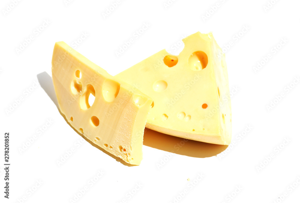 Close-up piece of cheese isolated on white background, food photo