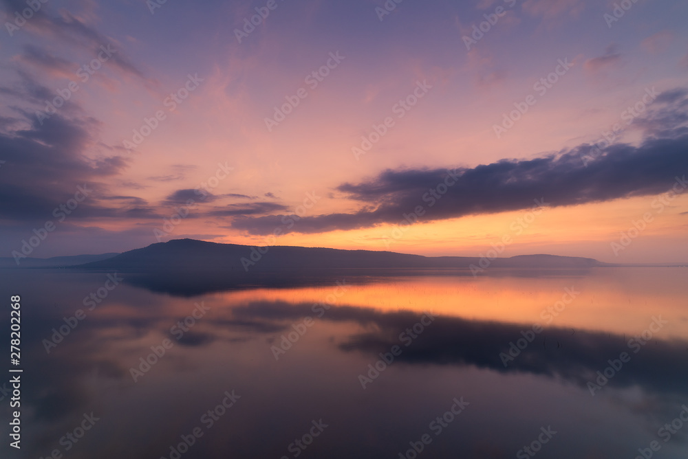 Landscape, sky, sea, clouds, mountains, sunrise time. Concepts, tourism and outdoor nature
