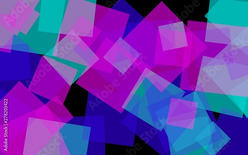 Multicolored translucent squares on dark background. Pink tones. 3D illustration