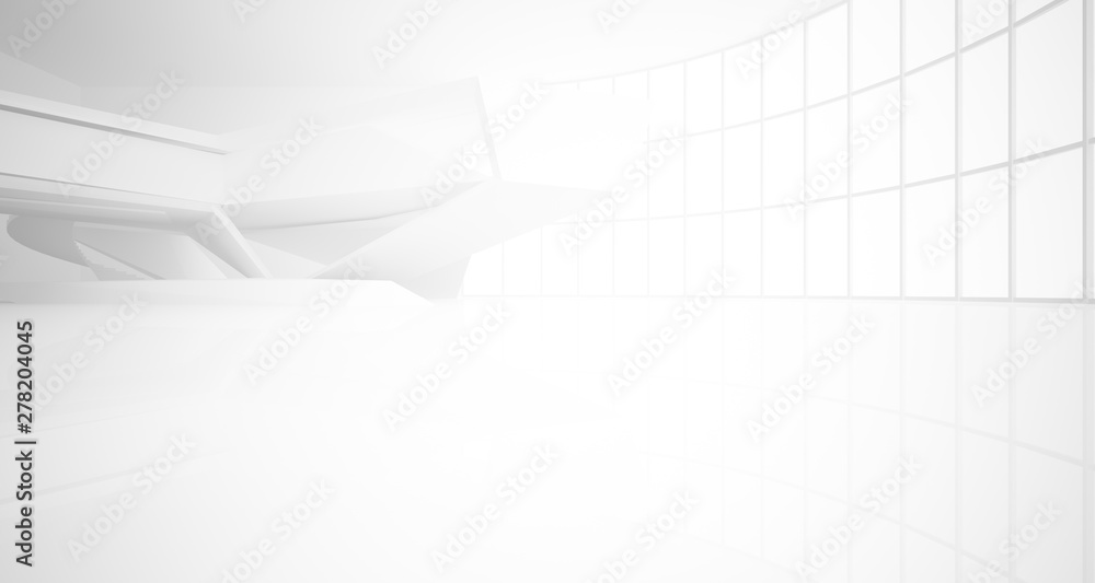 Abstract architectural white interior of a minimalist house with large windows.. 3D illustration and rendering. Abstract architectural white interior of a minimalist house with large windows.. 3D illustration and rendering.