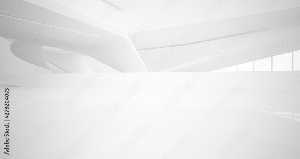 Abstract architectural white interior of a minimalist house with large windows.. 3D illustration and rendering. Abstract architectural white interior of a minimalist house with large windows.. 3D illustration and rendering.