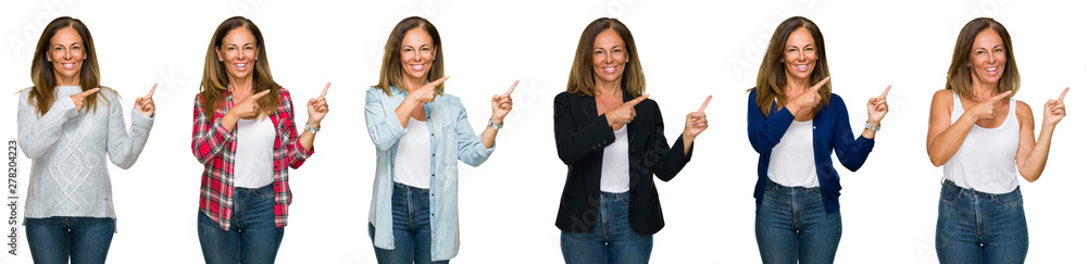 Collage of beautiful middle age woman over white isolated background smiling and looking at the camera pointing with two hands and fingers to the side. Collage of beautiful middle age woman over white isolated background smiling and looking at the camera pointing with two hands and fingers to the side.