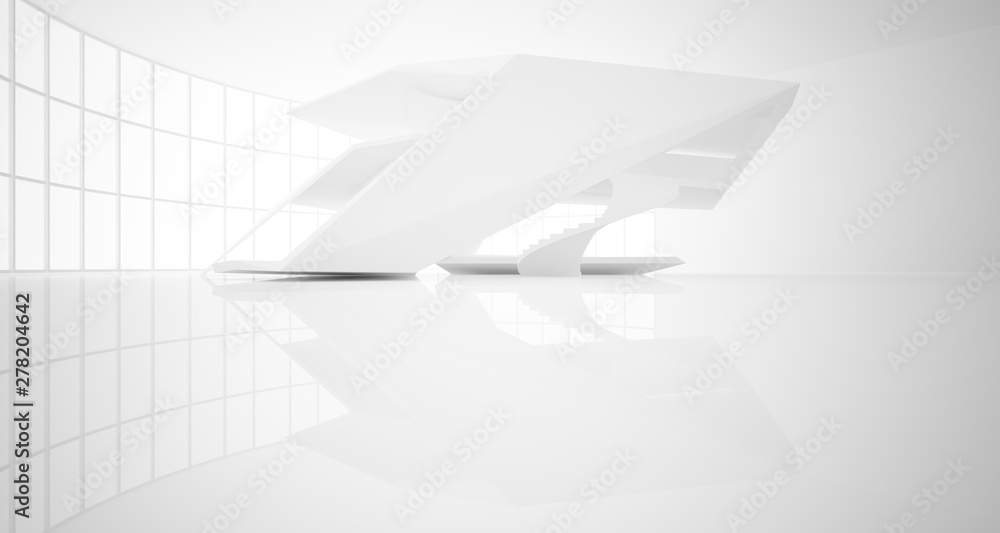 Abstract architectural white interior of a minimalist house with large windows.. 3D illustration and rendering. Abstract architectural white interior of a minimalist house with large windows.. 3D illustration and rendering.