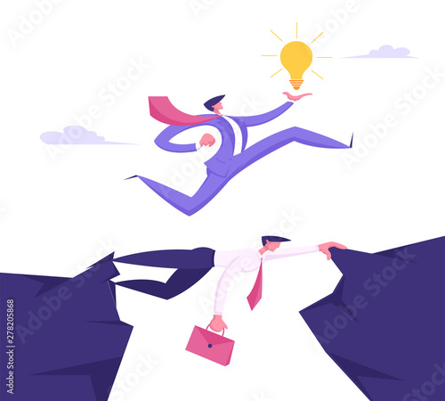 Business Man in Formal Suit with Glowing Light Bulb in Hand Running over Head of Businessman Colleague, Creative Idea, Challenge, New Opportunity, Success Concept Cartoon Flat Vector Illustration