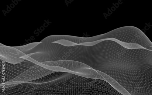 Abstract gray landscape on a black background. Cyberspace grid. hi tech network. 3d technology illustration. Depth of field. 3D illustration