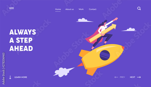 Startup Concept with Happy Superhero Businessperson Character Flying on Rocket with Arrow . Business Woman Successful Start Up. Website Landing Page, Web Page. Cartoon Flat Vector Illustration, Banner