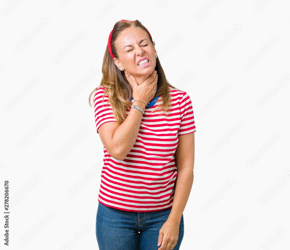 Beautiful middle age woman wearing casual stripes t-shirt over isolated background Touching painful neck, sore throat for flu, clod and infection Beautiful middle age woman wearing casual stripes t-shirt over isolated background Touching painful neck, sore throat for flu, clod and infection