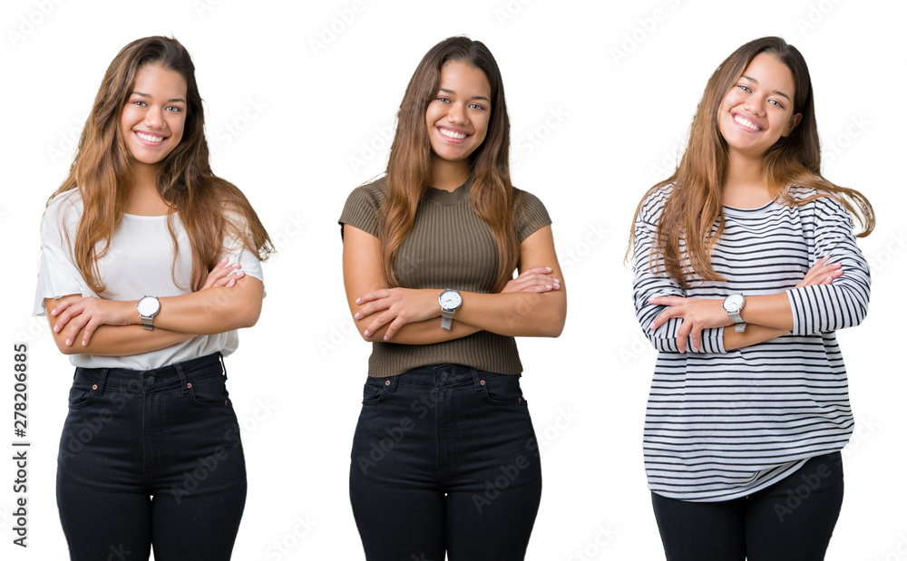 Collage of beautiful young woman over isolated background happy face smiling with crossed arms looking at the camera. Positive person. Collage of beautiful young woman over isolated background happy face smiling with crossed arms looking at the camera. Positive person.