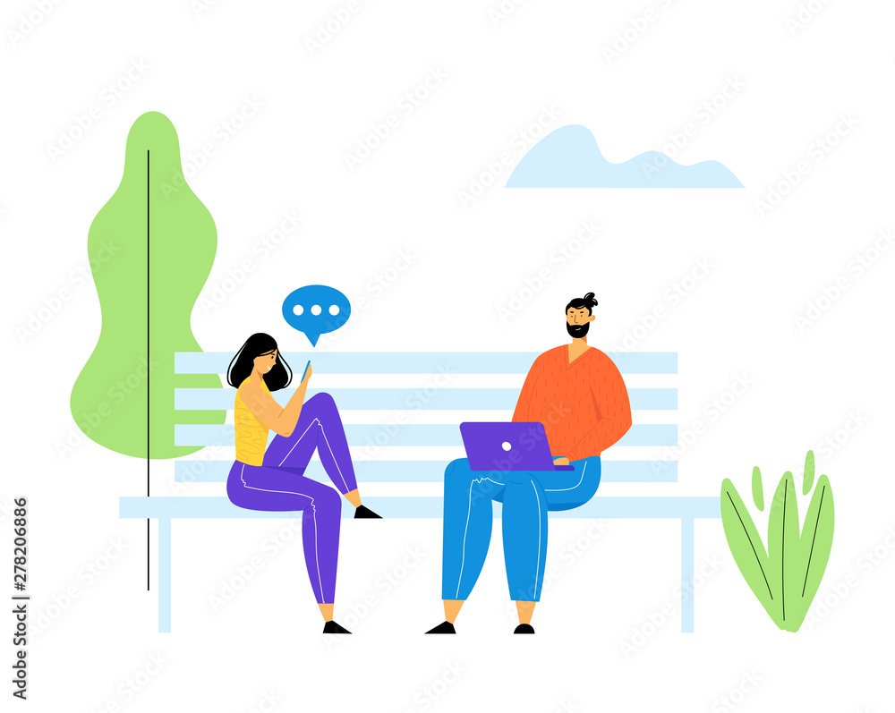 Young Man and Woman Sitting on Bench in Park with Laptop and Smartphone in Hands and Communicating Online in Internet. Social Media Bubble Speech Icons. Networking, Cartoon Flat Vector Illustration. Young Man and Woman Sitting on Bench in Park with Laptop and Smartphone in Hands and Communicating Online in Internet. Social Media Bubble Speech Icons. Networking, Cartoon Flat Vector Illustration.