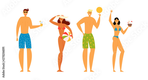 Beach Party Celebration. Group of Happy Young People in Swim Wear on Summer Vacation, Fun Male and Female Characters Rejoice with Cocktails and Ball, Outdoors Activity Cartoon Flat Vector Illustration