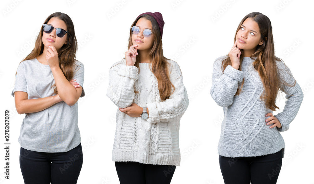 Collage of beautiful young woman over isolated background with hand on chin thinking about question, pensive expression. Smiling with thoughtful face. Doubt concept. Collage of beautiful young woman over isolated background with hand on chin thinking about question, pensive expression. Smiling with thoughtful face. Doubt concept.