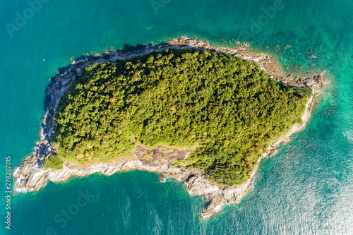 Drone aerial view shot of Tropical sea with beautiful small island in Phuket Thailand