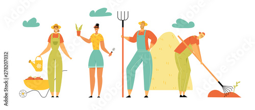 Farmers Characters Men and Women Gardening, Harvesting, Care of Plants, Watering, Collecting Ripe Vegetables and Hay, Farming Industry, Ecological Production, Garden. Cartoon Flat Vector Illustration