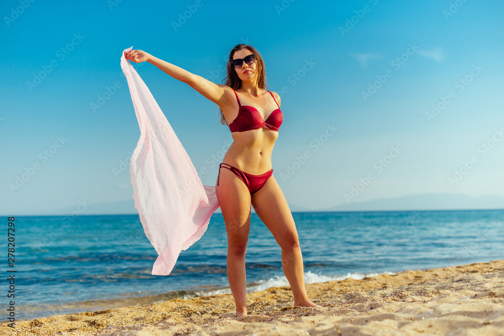 Adorable sexy girl in bikini posing at the beach