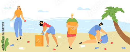 People Collecting Trash into Bags on Beach. Pollution of Seaside with Different Kinds of Garbage. Volunteers Clean Up Wastes on Ocean Coast. Ecology Protection Concept Cartoon Flat Vector Illustration