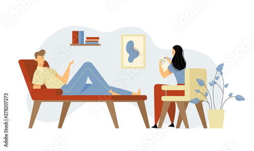 Unhappy Man Lying on Couch at Psychologist Appointment for Professional Help. Doctor, Specialist Talking with Patient about Mind Health Problem and Writing in Notebook Cartoon Flat Vector Illustration