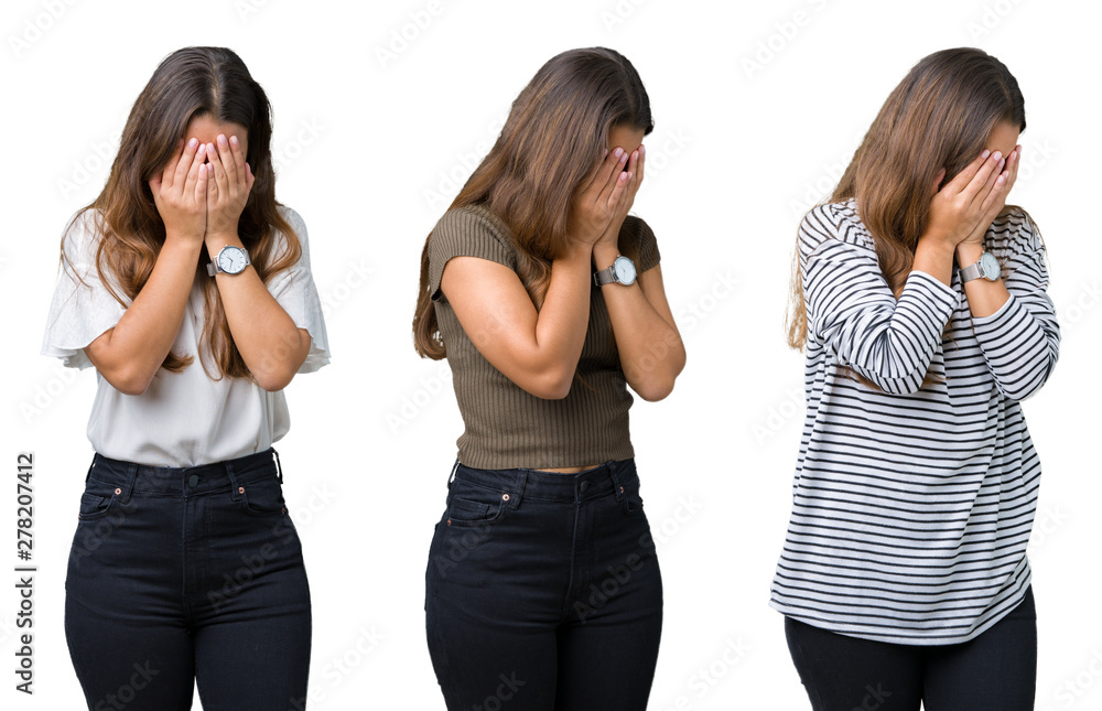 Collage of beautiful young woman over isolated background with sad expression covering face with hands while crying. Depression concept. Collage of beautiful young woman over isolated background with sad expression covering face with hands while crying. Depression concept.