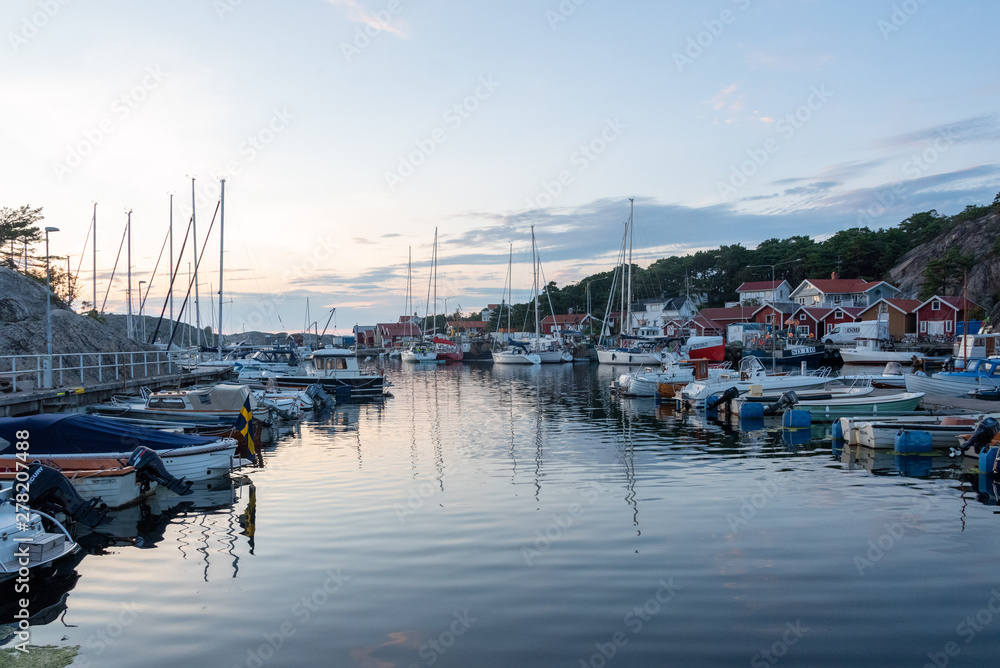 Evening view of the small harbour of Resö, Western Sweden.