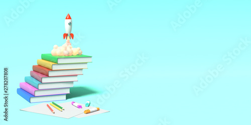 Toy rocket takes off from the books spewing smoke on a blue background. Symbol of desire for education and knowledge. School illustration. 3D rendering.