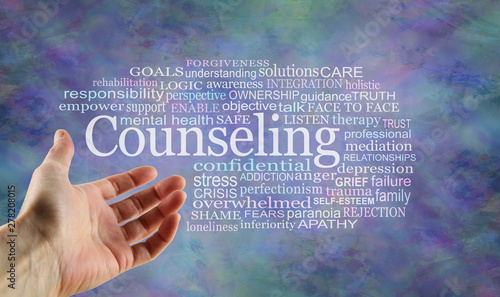 Photo Counseling Word Tag Cloud - open palm hand gesturing towards a Counseling word c
