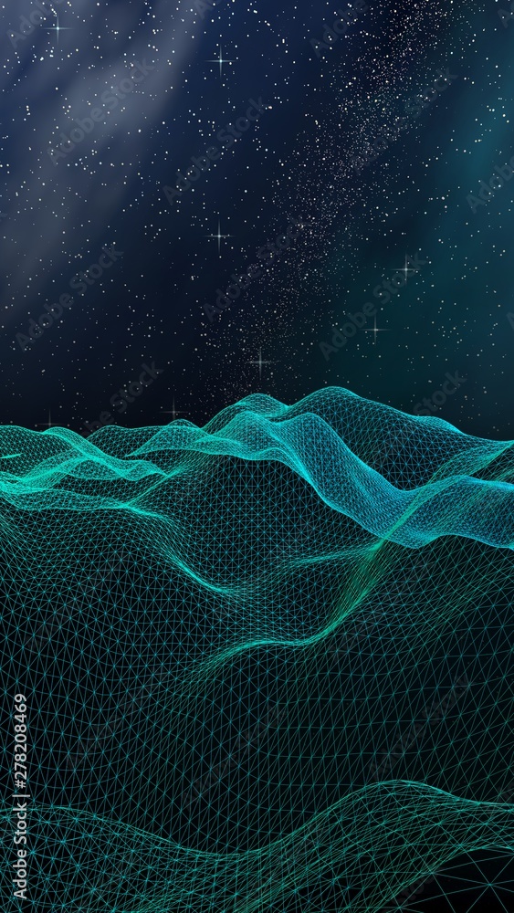 Fototapeta premium Abstract landscape on a dark background. Cyberspace grid. hi tech network. Outer space. Vertical orientation. Starry outer space texture. 3D illustration