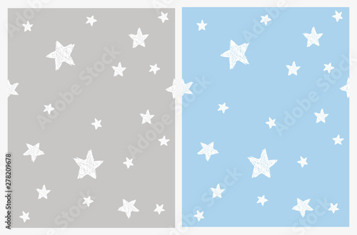 Cute Hand Drawn Stars Seamless Vector Patterns. Irregular Sketched Stars Isolated on a Light Gray and Blue Background. Bright Starry Sky Vector Illustration. Infantile Style Abstract Stars Print.