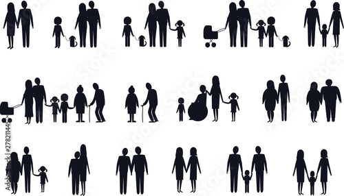Set of vector silhouettes of different family types