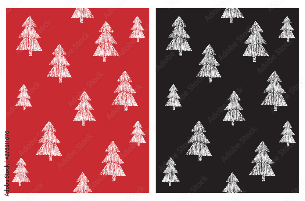 Cute Hand Drawn Christmas Trees Seamless Vector Patterns. Irregular Sketched Trees Isolated on a Red and Black Background. Winter Forest Vector Illustration. Infantile Style Abstract Woods Print.