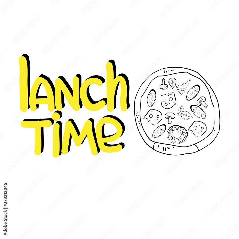 Linear food drawings, lettering, advertising for a pizza restaurant, vector image Linear food drawings, lettering, advertising for a pizza restaurant, vector image