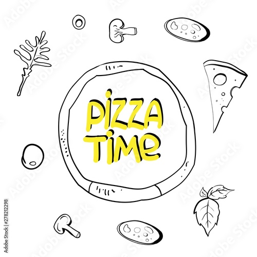 Linear food drawings, pizza ingredients, lettering pizza, set for restaurant business advertising