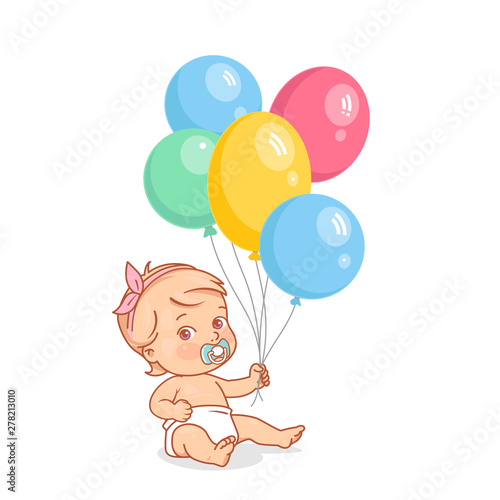 Cute little baby girl with bunch of hot air balloons in hand.