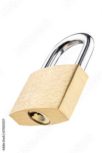 Metallic lock golden color. Isolated on white background. Shot on the stack. side view. photo