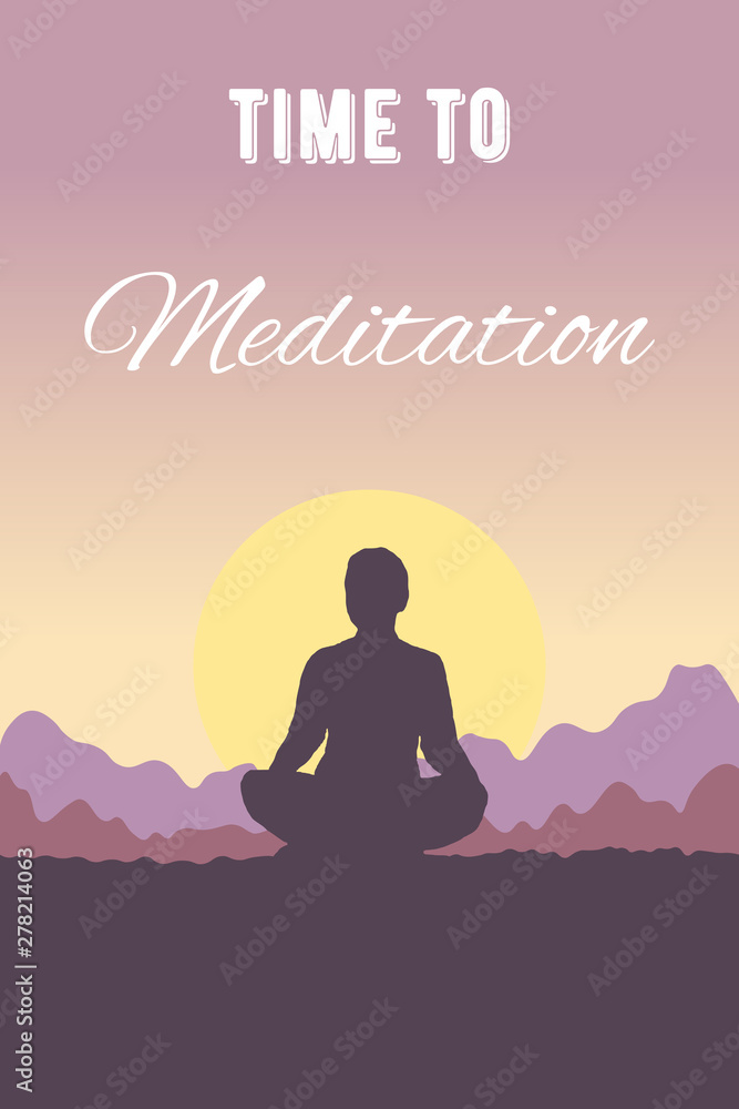 Fototapeta premium Silhouette of a woman in a Lotus position. Meditation on a background of a sunset landscape. Yoga in nature. Template for banner, website or social networks. Vector illustration in flat style.