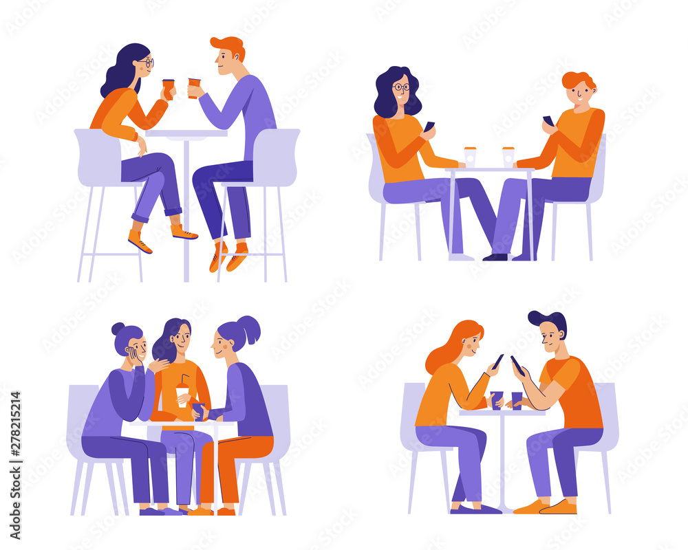 autumn-0001Vector illustration in flat linear style -  friends drinking coffee and chatting